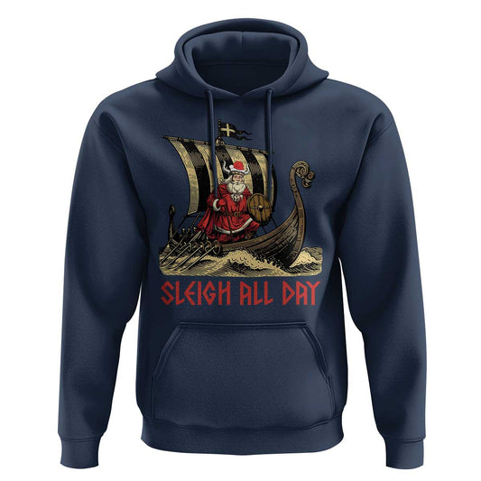 Funny Christmas Santa Sleigh All Day Xmas Pagan Norse Longship Viking Hoodie Cotton
