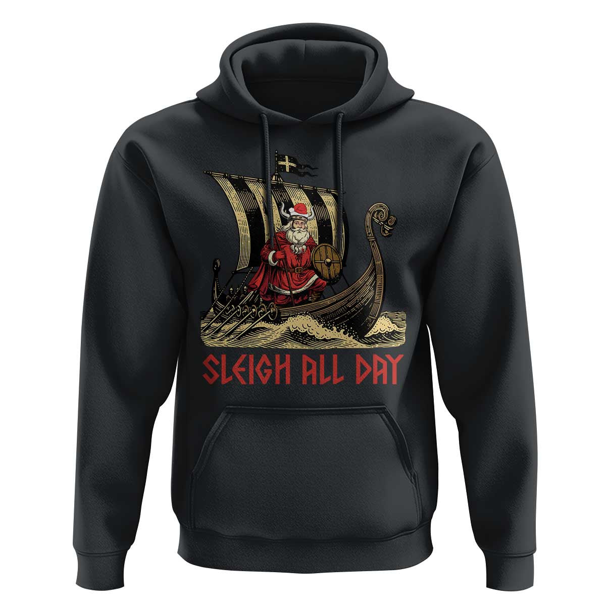 Funny Christmas Santa Sleigh All Day Xmas Pagan Norse Longship Viking Hoodie Cotton