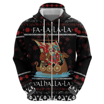 Vikings Christmas Zipper Santa Warrior on The Viking Ship with Xmas and Snowflake Pattern Viking Hoodie