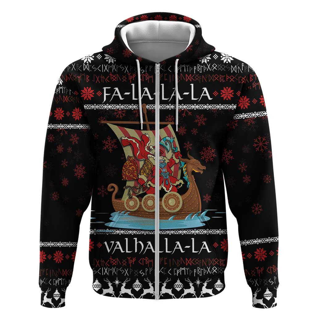 Vikings Christmas Zipper Santa Warrior on The Viking Ship with Xmas and Snowflake Pattern Viking Hoodie