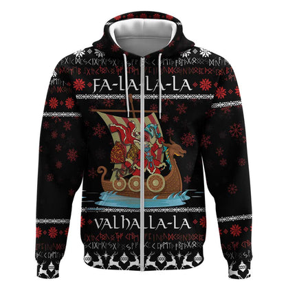 Vikings Christmas Zipper Santa Warrior on The Viking Ship with Xmas and Snowflake Pattern Viking Hoodie