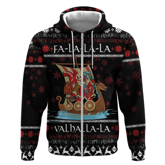 Vikings Christmas Zipper Santa Warrior on The Viking Ship with Xmas and Snowflake Pattern Viking Hoodie