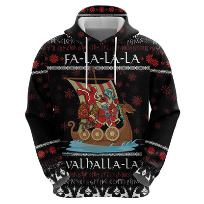 Vikings Christmas Zipper Santa Warrior on The Viking Ship with Xmas and Snowflake Pattern Viking Hoodie