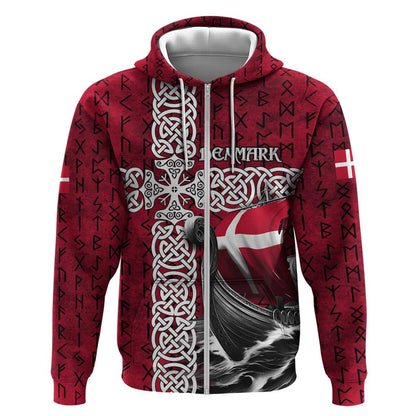 Denmark Viking Longship Norse Rune & Celtic Cross Danish Flag Viking Hoodie