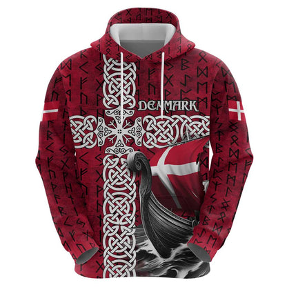 Denmark Viking Longship Norse Rune & Celtic Cross Danish Flag Viking Hoodie