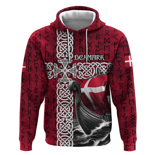 Denmark Viking Longship Norse Rune & Celtic Cross Danish Flag Viking Hoodie