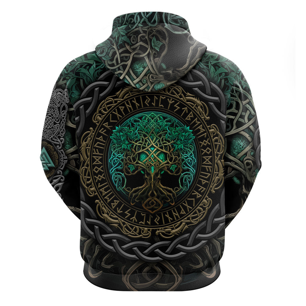 Cyan Valknut and Yggdrasil Viking Hoodie