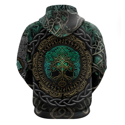 Cyan Valknut and Yggdrasil Viking Hoodie