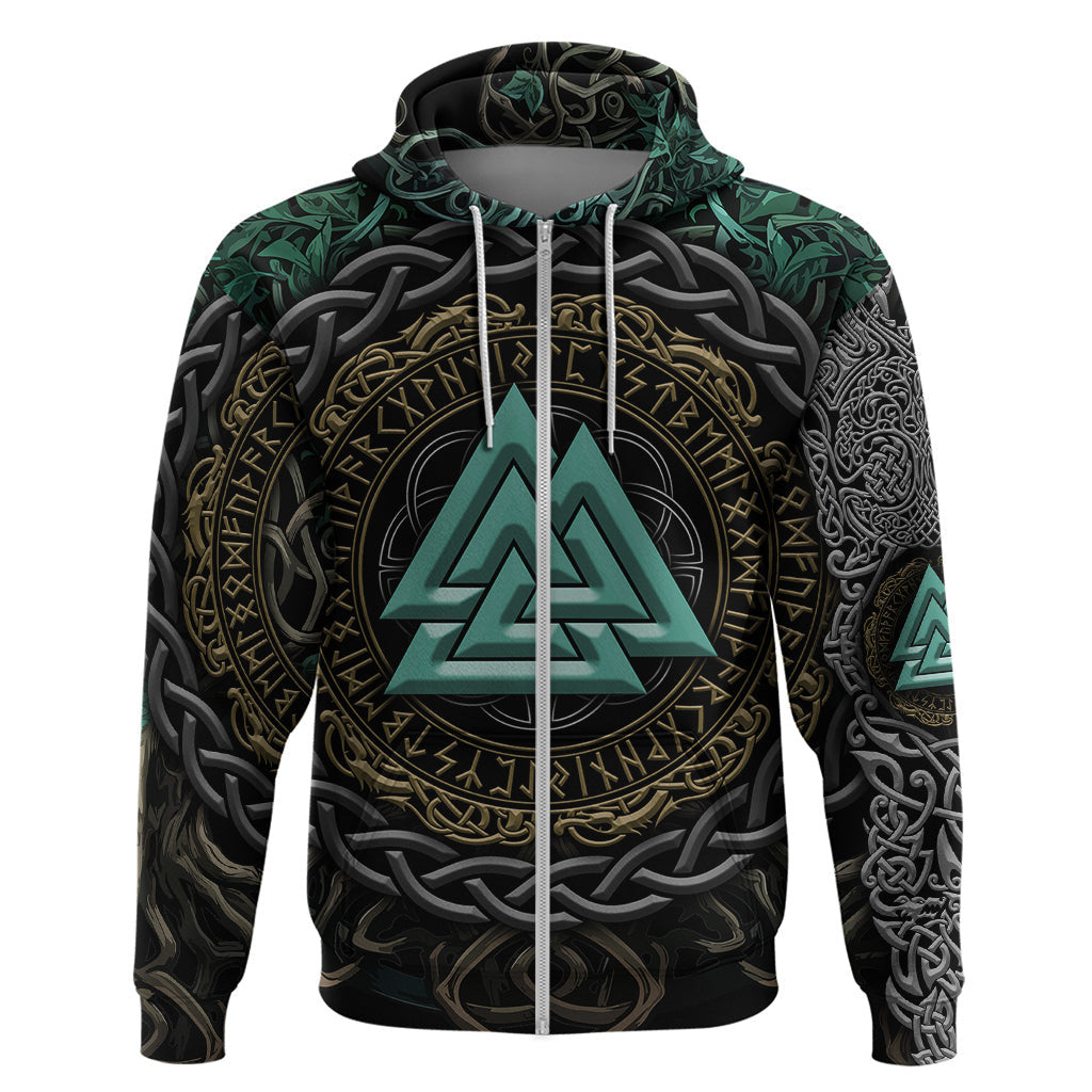 Cyan Valknut and Yggdrasil Viking Hoodie