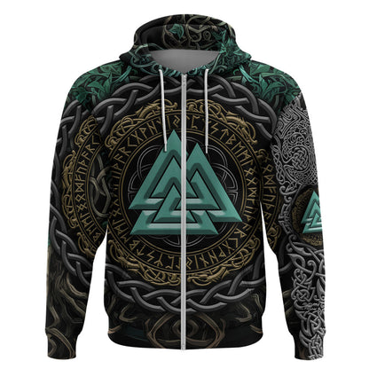 Cyan Valknut and Yggdrasil Viking Hoodie