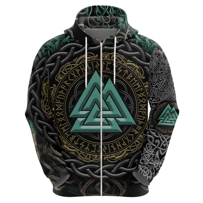 Cyan Valknut and Yggdrasil Viking Hoodie
