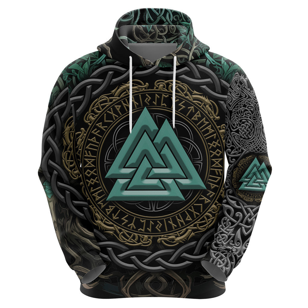 Cyan Valknut and Yggdrasil Viking Hoodie