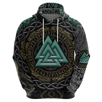Cyan Valknut and Yggdrasil Viking Hoodie