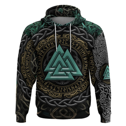 Cyan Valknut and Yggdrasil Viking Hoodie