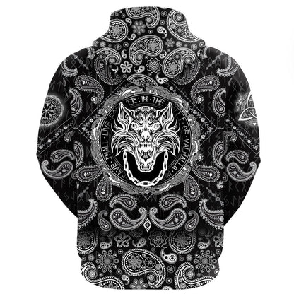 Fenrir Wolf And Old Runes With Bandana Paisley Style Viking Hoodie