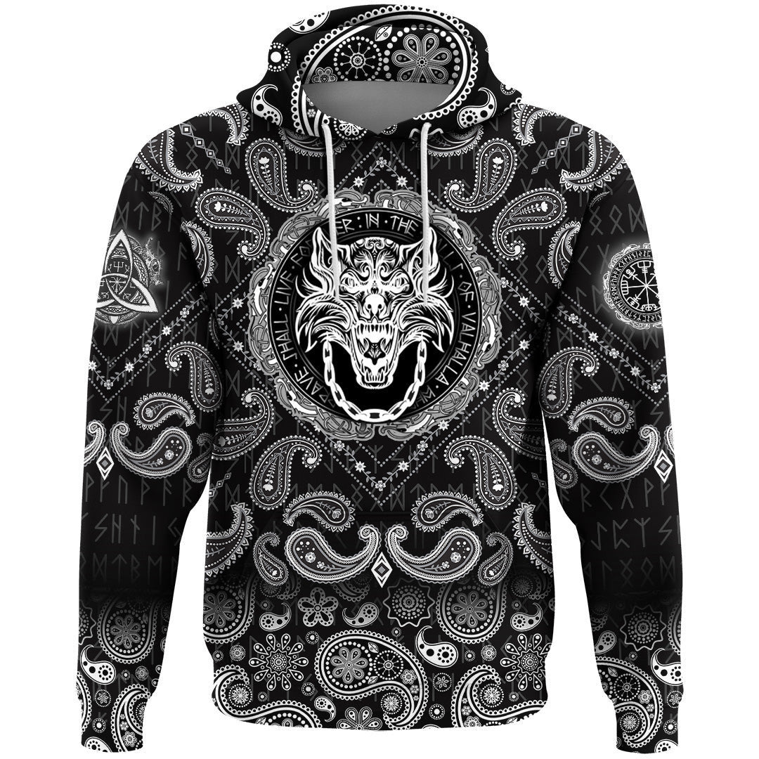 Fenrir Wolf And Old Runes With Bandana Paisley Style Viking Hoodie