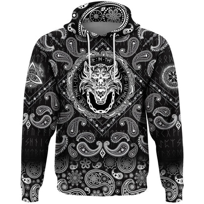 Fenrir Wolf And Old Runes With Bandana Paisley Style Viking Hoodie