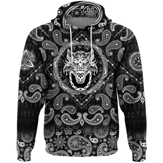 Fenrir Wolf And Old Runes With Bandana Paisley Style Viking Hoodie