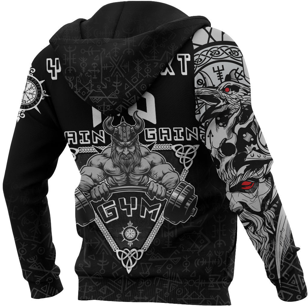 (Custom) Viking Gym Vegvisir Style "No Pain No Gain" Viking Hoodie Zipper
