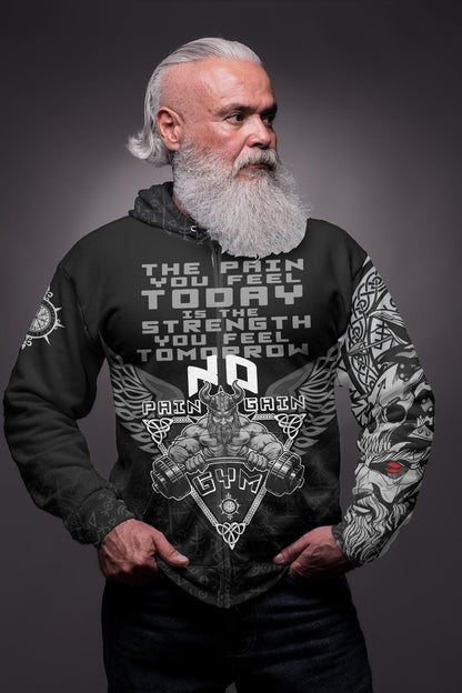 (Custom) Viking Gym Vegvisir Style "No Pain No Gain" Viking Hoodie Zipper
