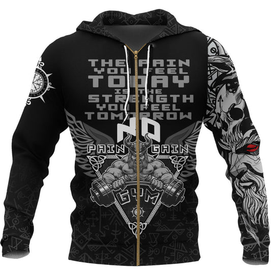 (Custom) Viking Gym Vegvisir Style "No Pain No Gain" Viking Hoodie Zipper
