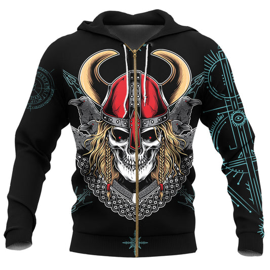 Skull And Raven Rune Viking Hoodie Zipper