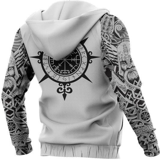 Norse Wolves & Midgard Serpent with Runes White Viking Hoodie Zipper