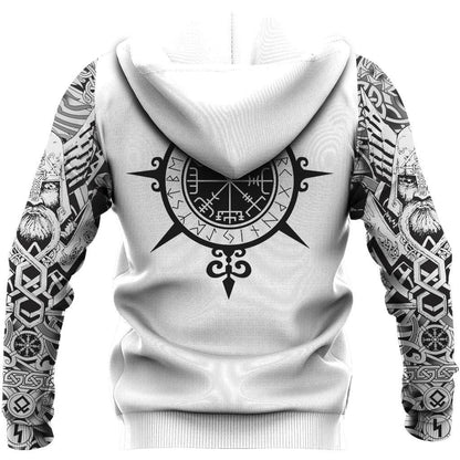 Norse Wolves & Midgard Serpent with Runes White Viking Hoodie Zipper