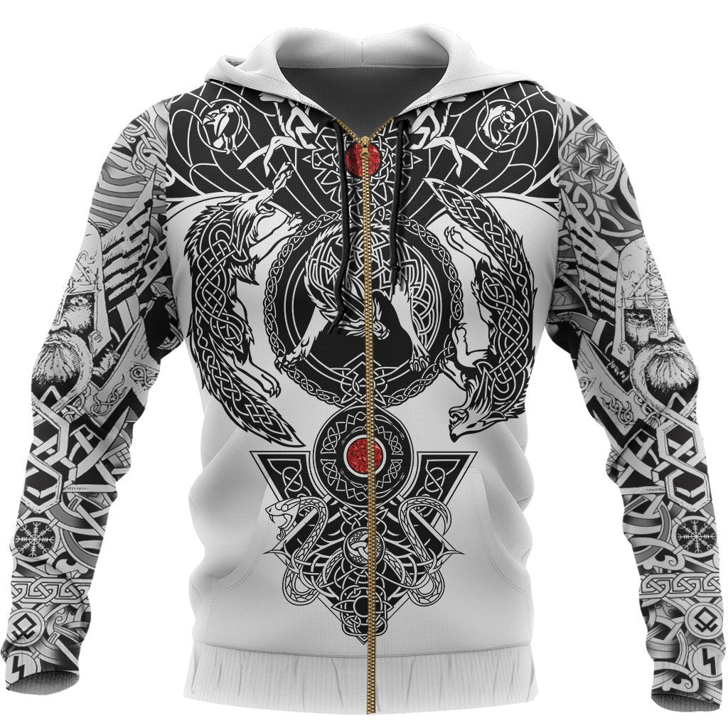 Norse Wolves & Midgard Serpent with Runes White Viking Hoodie Zipper
