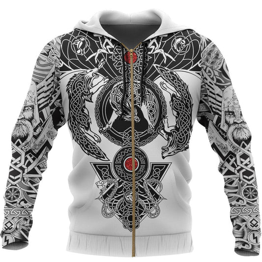 Norse Wolves & Midgard Serpent with Runes White Viking Hoodie Zipper