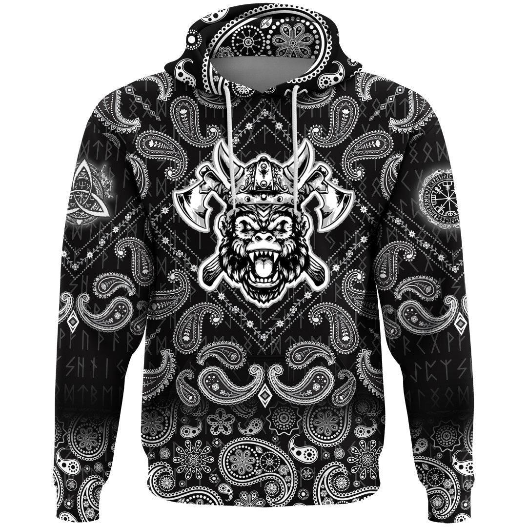 Gorillhead With Helmet And Axe With Bandana Paisley Style Viking Hoodie