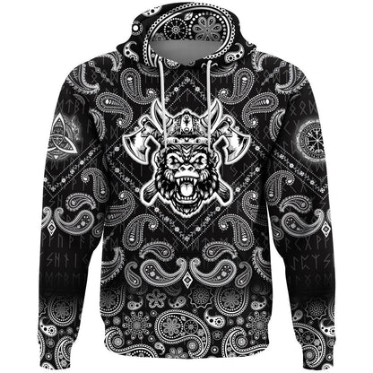 Gorillhead With Helmet And Axe With Bandana Paisley Style Viking Hoodie