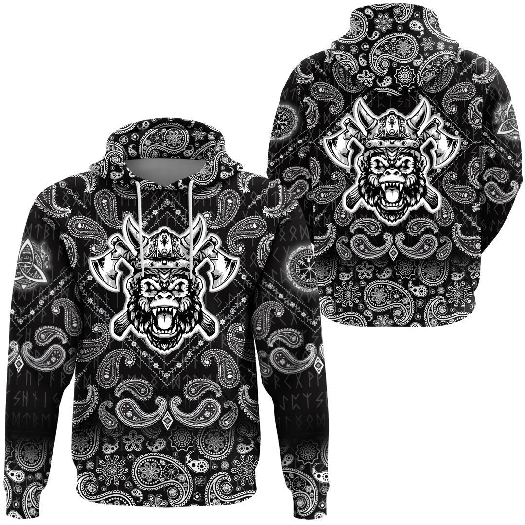 Gorillhead With Helmet And Axe With Bandana Paisley Style Viking Hoodie