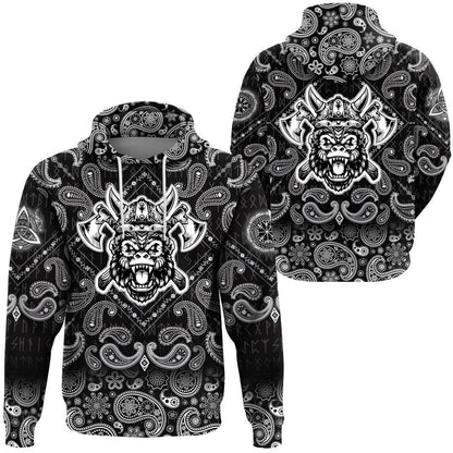 Gorillhead With Helmet And Axe With Bandana Paisley Style Viking Hoodie