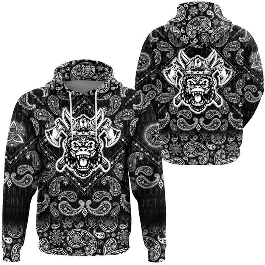 Gorillhead With Helmet And Axe With Bandana Paisley Style Viking Hoodie