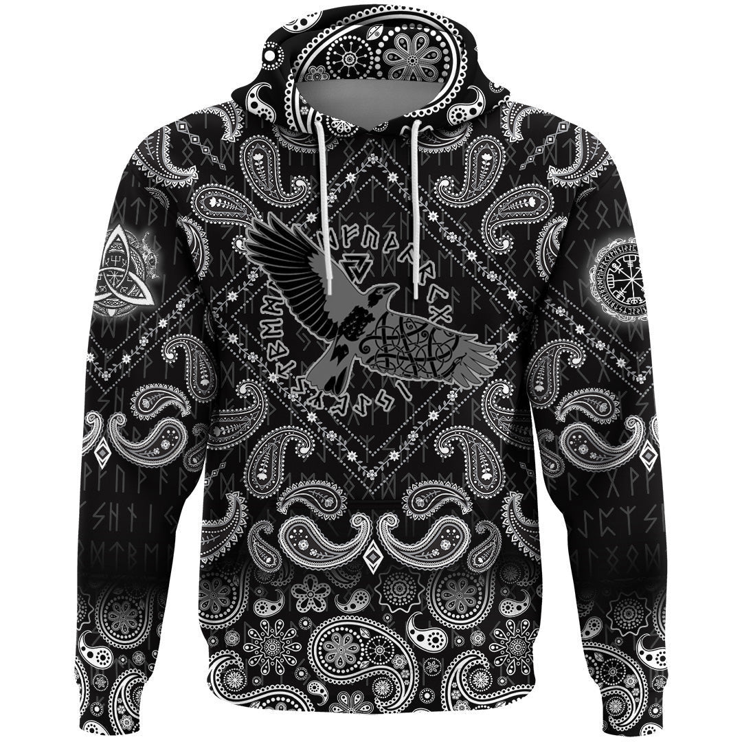 Flying Black Raven In Circle Of Scandinavian Runic Symbols With Bandana Paisley Style Viking Hoodie