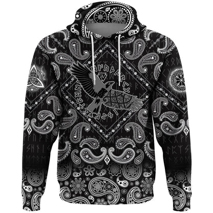 Flying Black Raven In Circle Of Scandinavian Runic Symbols With Bandana Paisley Style Viking Hoodie