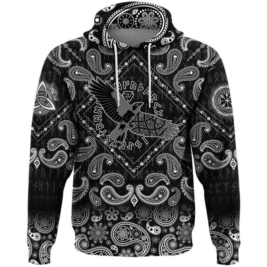 Flying Black Raven In Circle Of Scandinavian Runic Symbols With Bandana Paisley Style Viking Hoodie