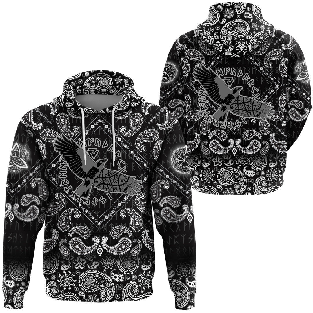 Flying Black Raven In Circle Of Scandinavian Runic Symbols With Bandana Paisley Style Viking Hoodie