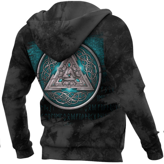 Norse Triskele Valknut Shield In Silver And Cyan Viking Hoodie
