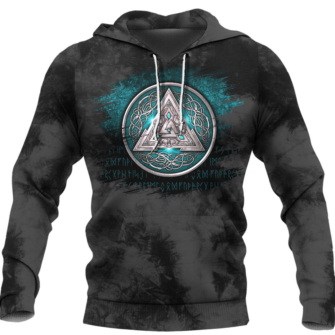 Norse Triskele Valknut Shield In Silver And Cyan Viking Hoodie