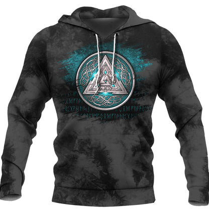 Norse Triskele Valknut Shield In Silver And Cyan Viking Hoodie