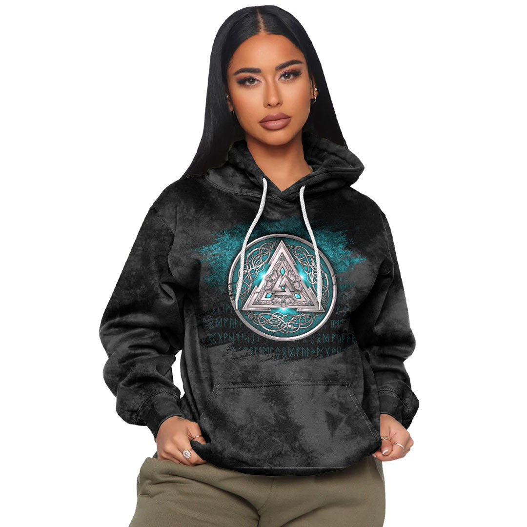 Norse Triskele Valknut Shield In Silver And Cyan Viking Hoodie
