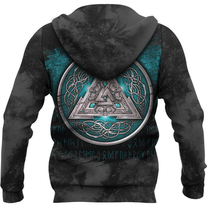Norse Triskele Valknut Shield In Silver And Cyan Viking Hoodie