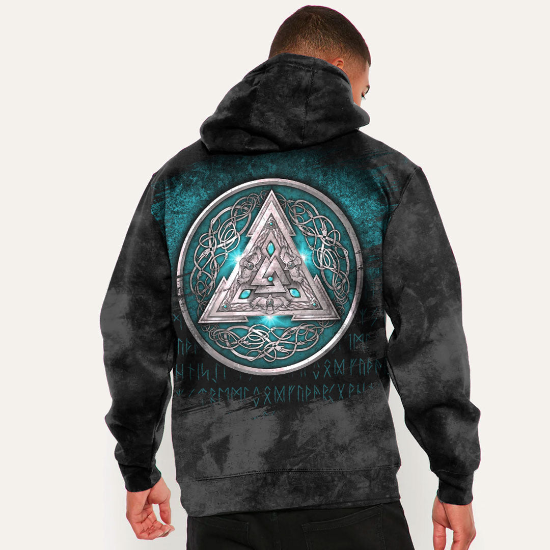 Norse Triskele Valknut Shield In Silver And Cyan Viking Hoodie