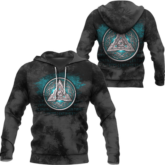Norse Triskele Valknut Shield In Silver And Cyan Viking Hoodie