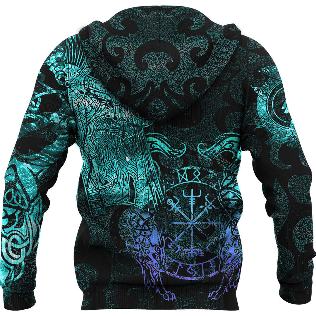 Odin Tattoo Cyan Version Wolf Viking Hoodie Cyan Style