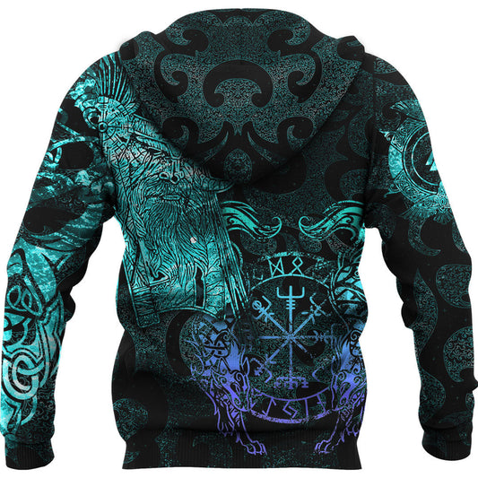Odin Tattoo Cyan Version Wolf Viking Hoodie Cyan Style
