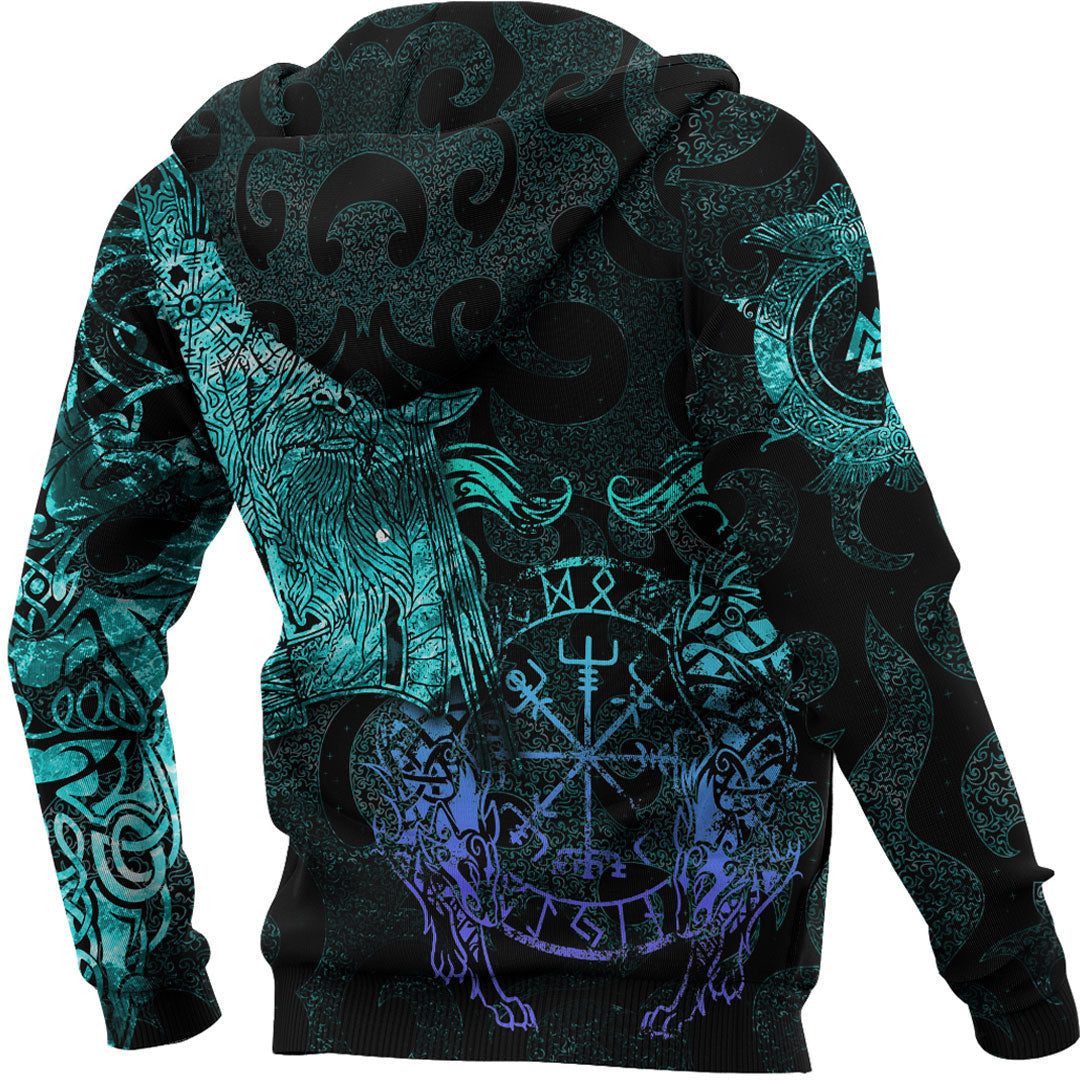 Odin Tattoo Cyan Version Wolf Viking Hoodie Cyan Style