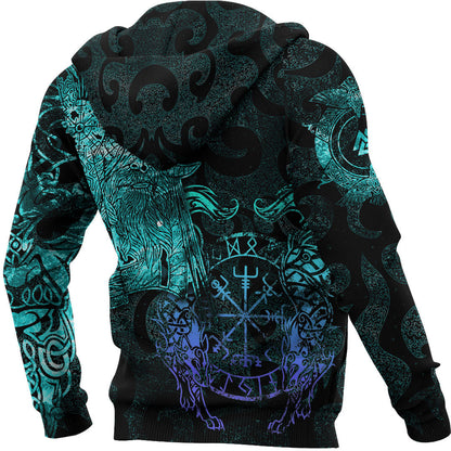 Odin Tattoo Cyan Version Wolf Viking Hoodie Cyan Style